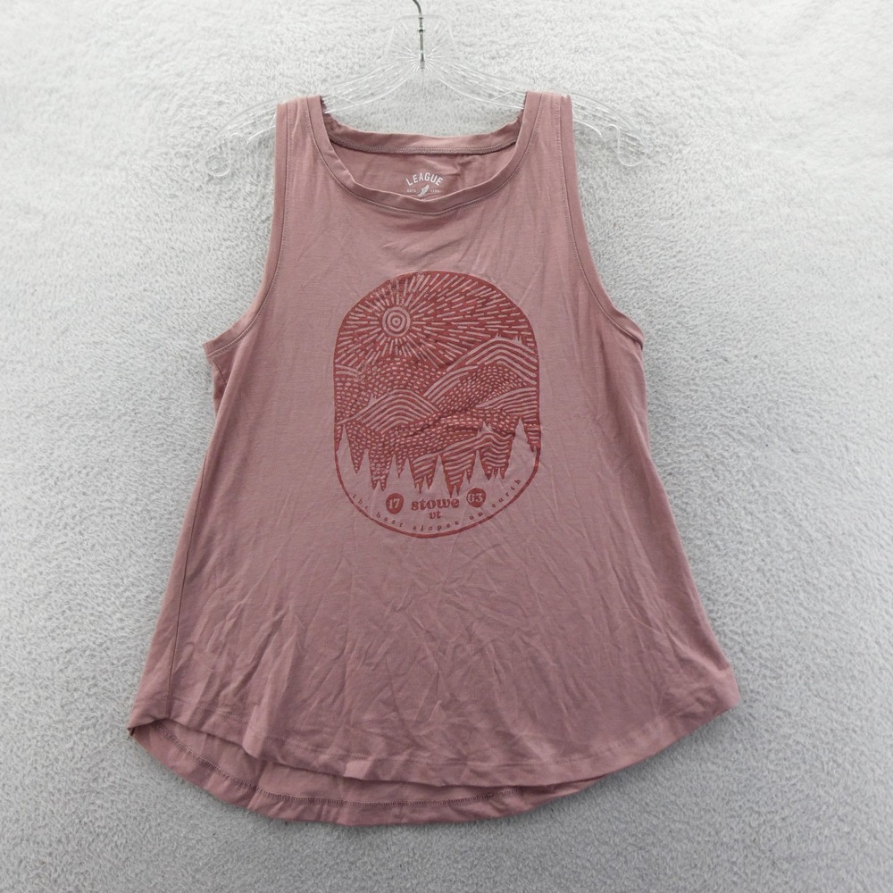 League Tank Medium Women Stowe VT Mountain Graphic Pink Sleeveless Cotton Blend